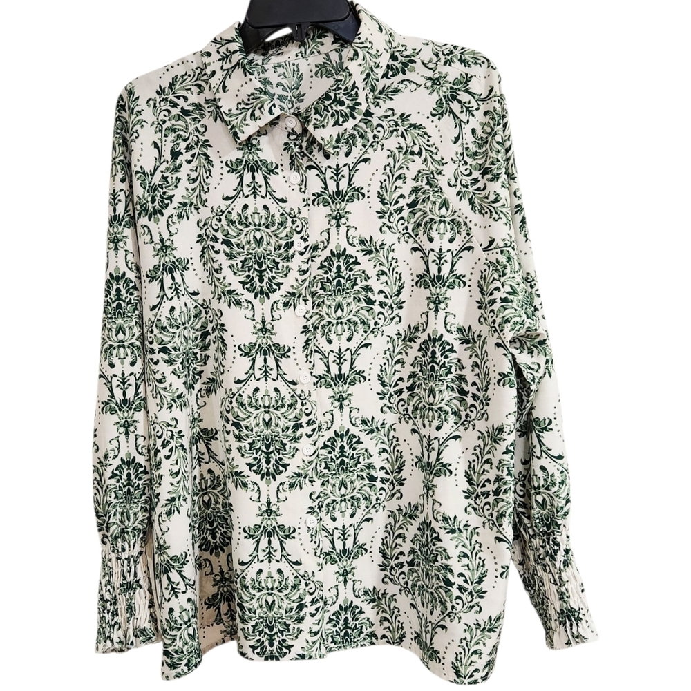 Womens Sz 1XL Blouse Long Ruched Sleeve Green And White Button Up Collared